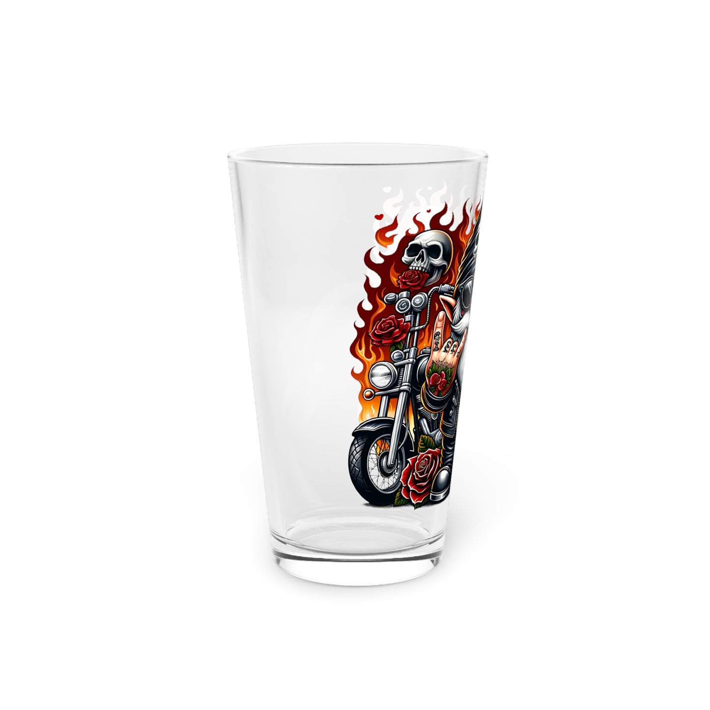 Rockin' Biker Pint Glass - 16oz Tattoo Skull & Gnome Design
