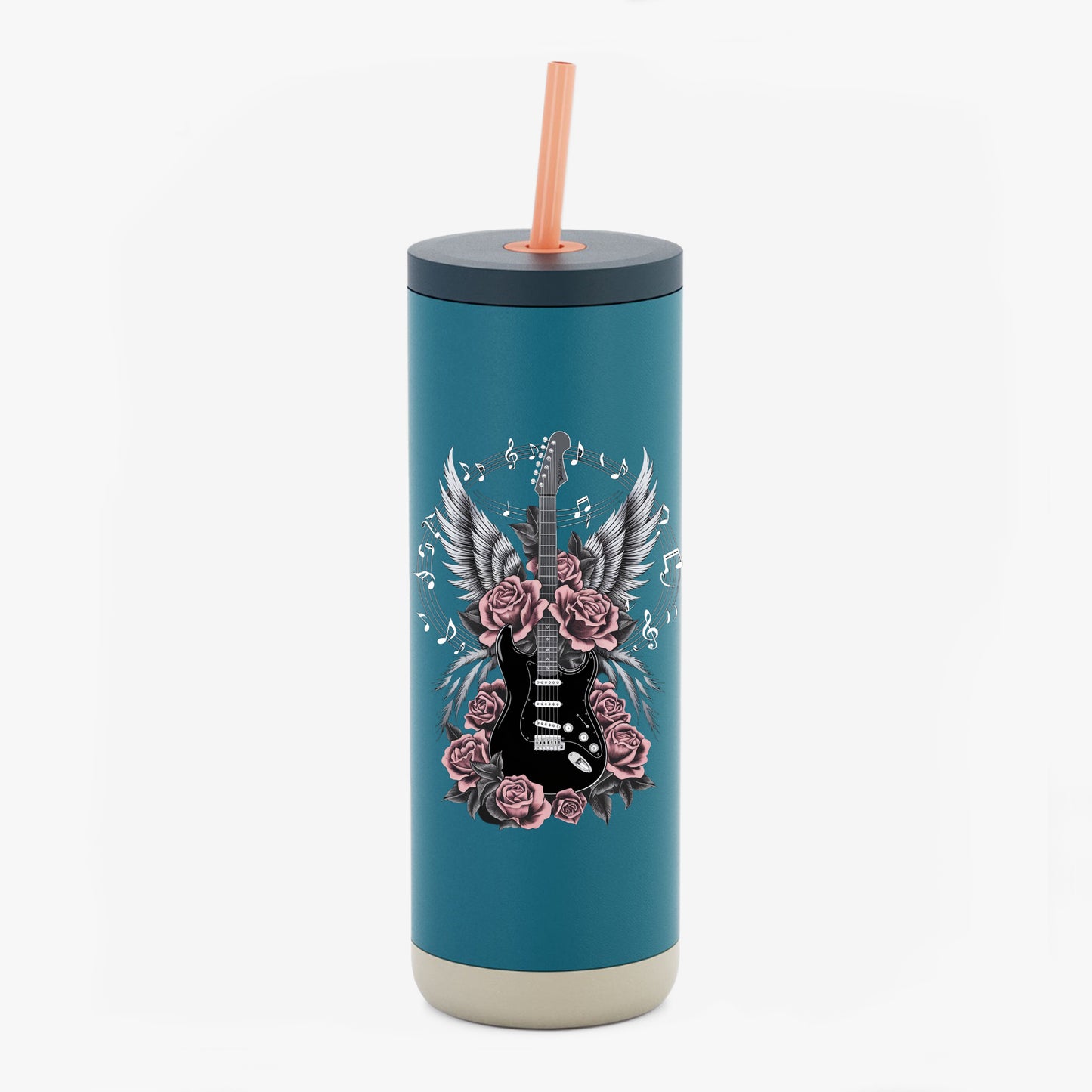 Rock 'n' Roll Guitar Tumbler - 20oz Sip Cup with Wings & Roses Design