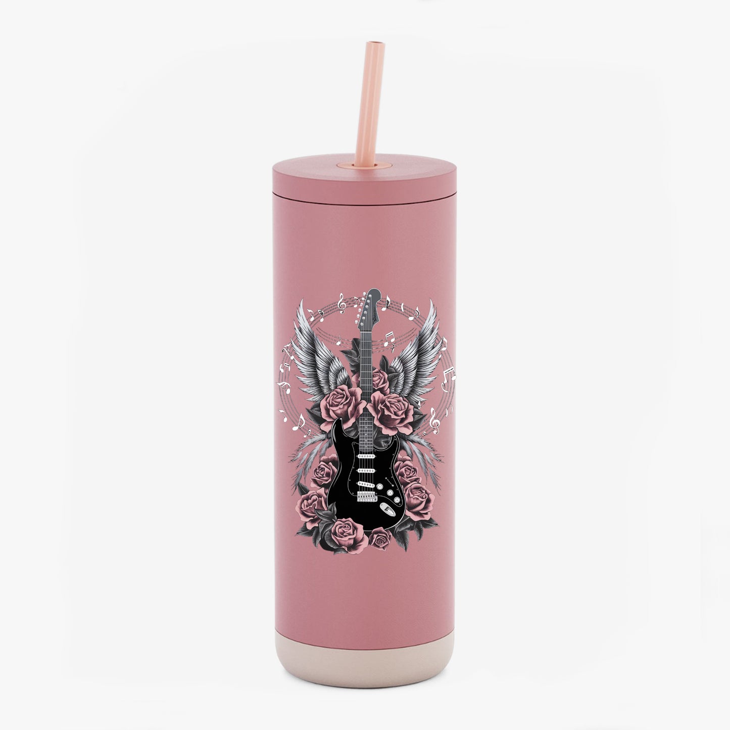 Rock 'n' Roll Guitar Tumbler - 20oz Sip Cup with Wings & Roses Design