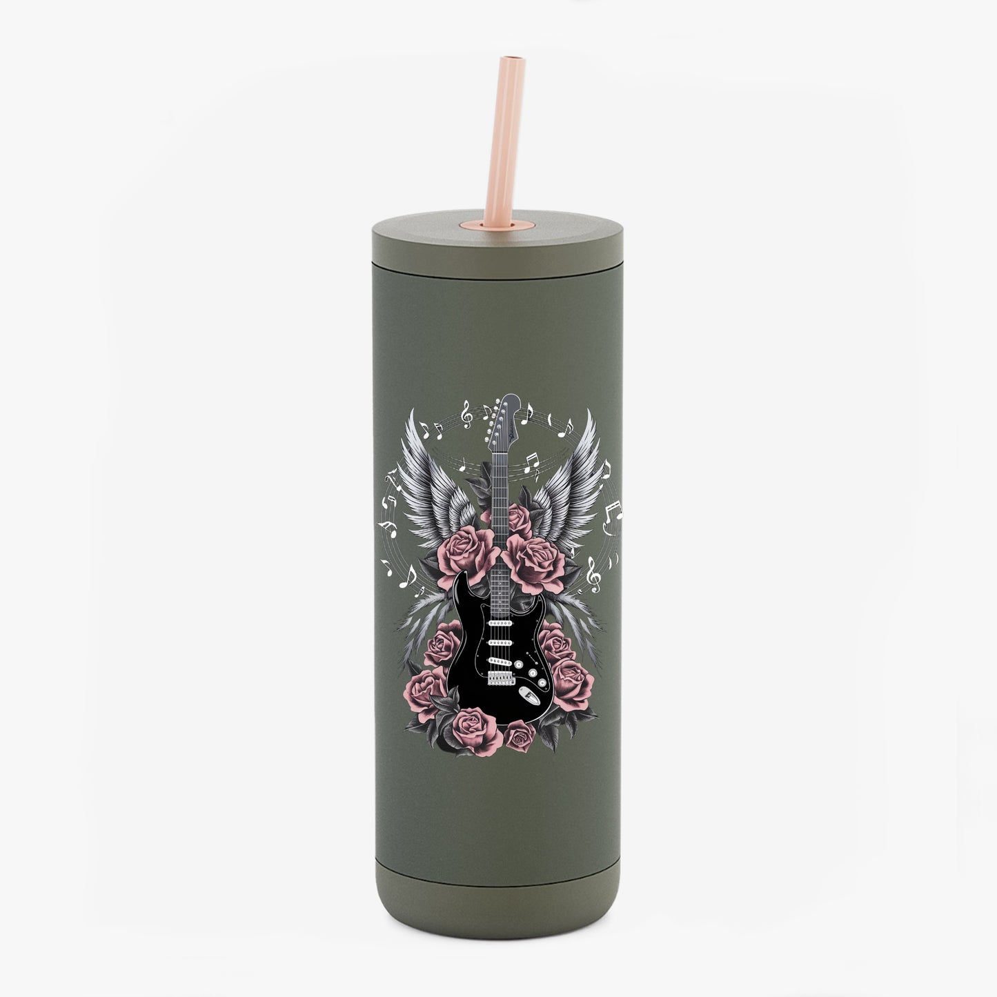 Rock 'n' Roll Guitar Tumbler - 20oz Sip Cup with Wings & Roses Design