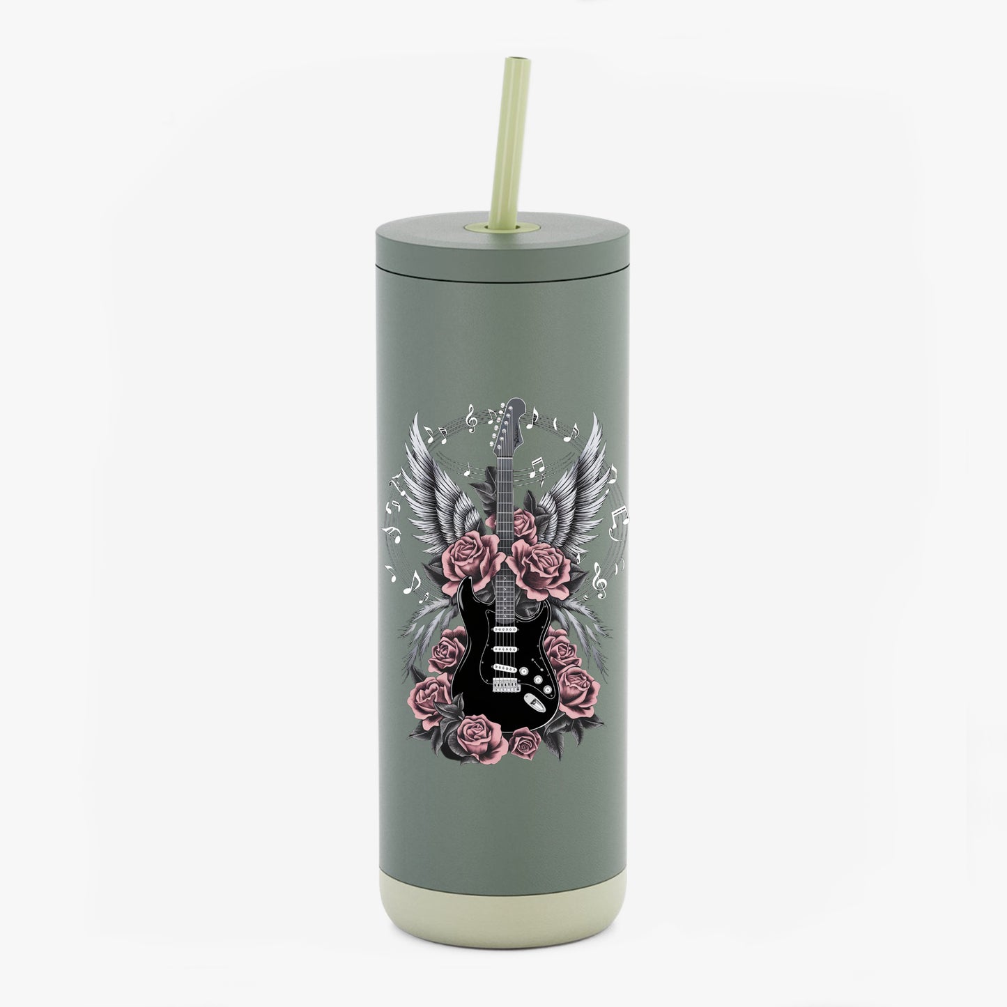 Rock 'n' Roll Guitar Tumbler - 20oz Sip Cup with Wings & Roses Design