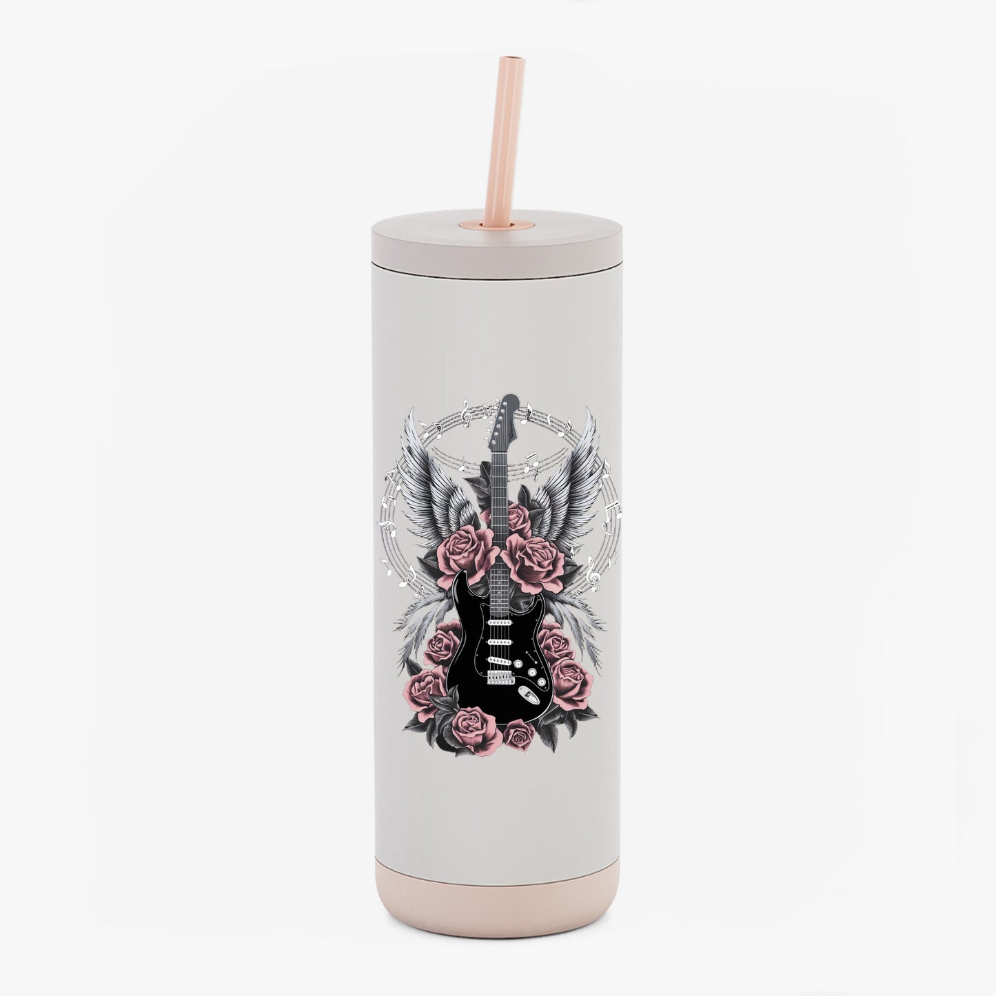 Rock 'n' Roll Guitar Tumbler - 20oz Sip Cup with Wings & Roses Design