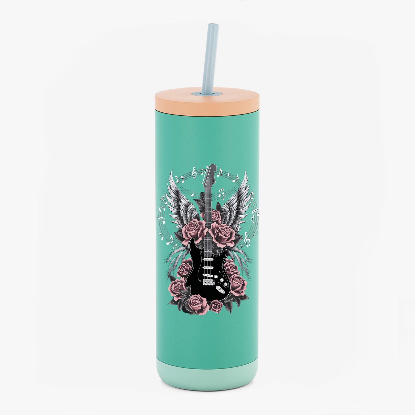Rock 'n' Roll Guitar Tumbler - 20oz Sip Cup with Wings & Roses Design