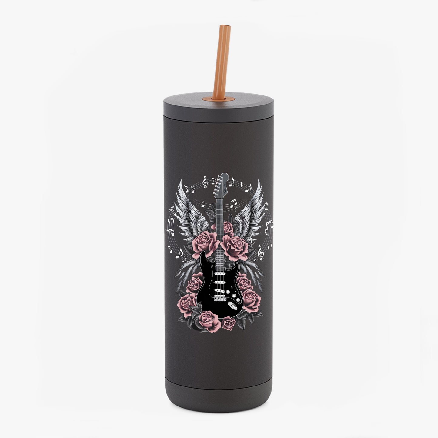 Rock 'n' Roll Guitar Tumbler - 20oz Sip Cup with Wings & Roses Design