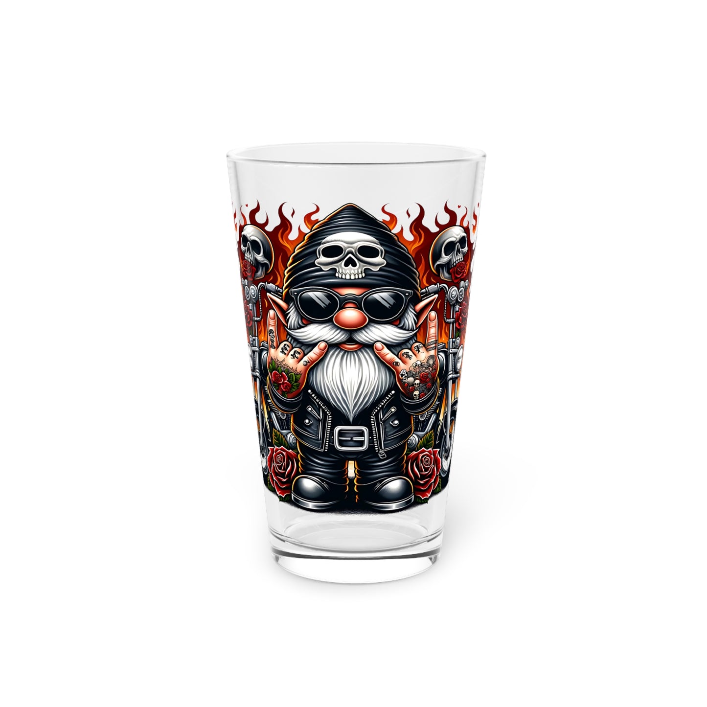 Rockin' Biker Pint Glass - 16oz Tattoo Skull & Gnome Design